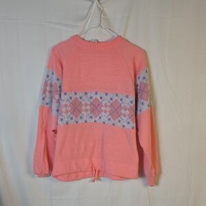 Vintage Vieux Pink and Purple Women's Argyle Sweater with Drawstring Tie